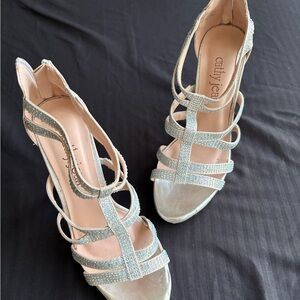Cathy Jean Silver Rhinestone Strappy High Heels